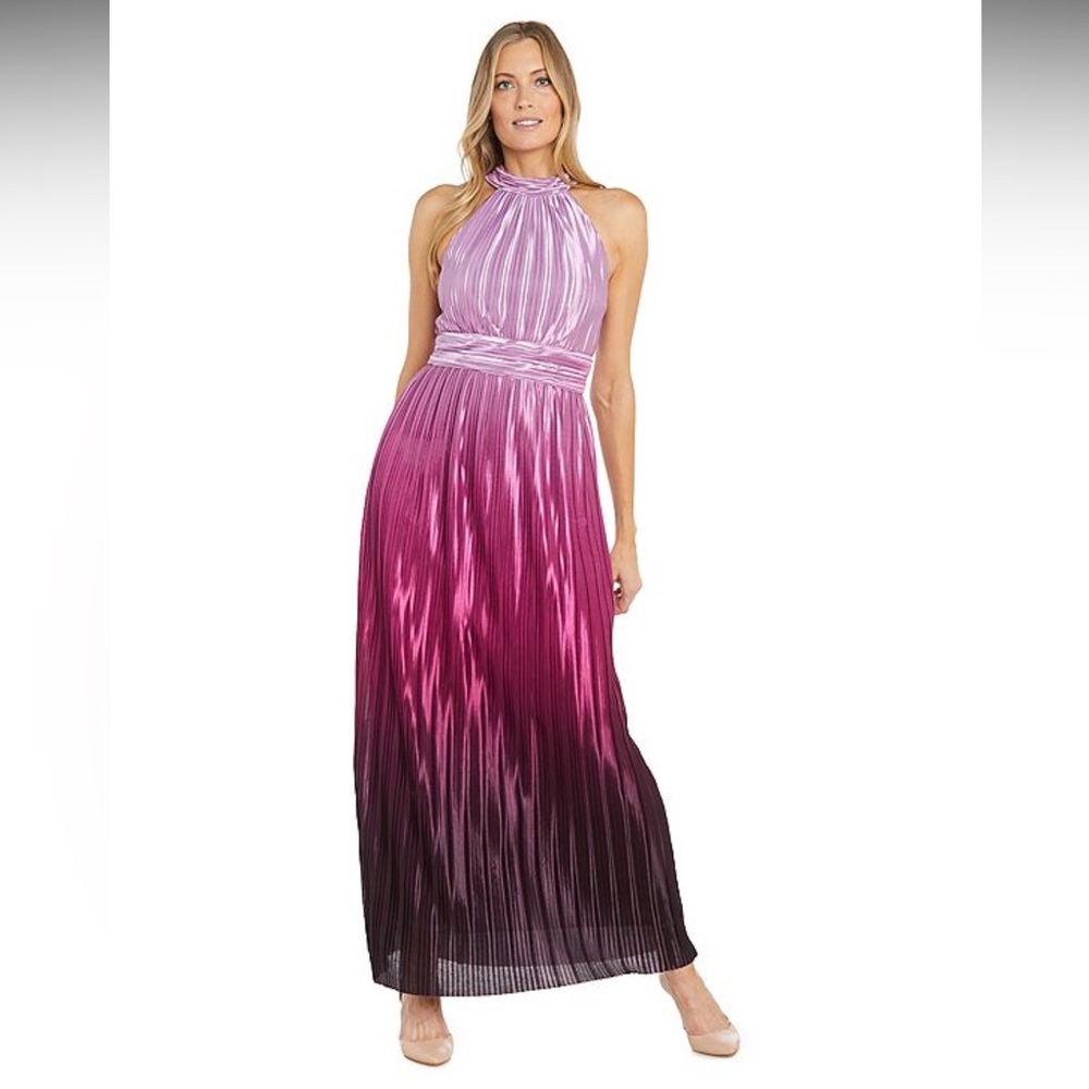 NWT R&M Richards Pink Purple Ombré Pleated Halter Spring Maxi Formal Dress